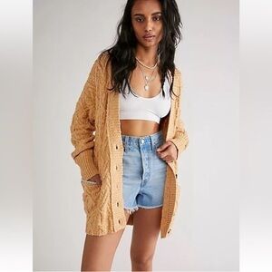 Free People Women’s Montana Chunky Knit Fishermans Cardigan in Tan Size Large